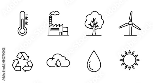 Minimalist eco icons: industry, nature, energy, and weather symbols