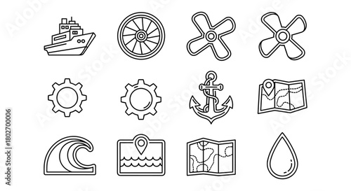 Nautical icons collection: anchor, waves, ship, maps, compass in linear style