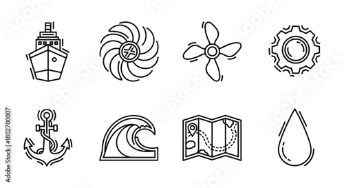 Nautical and marine line art icons set in minimalist style