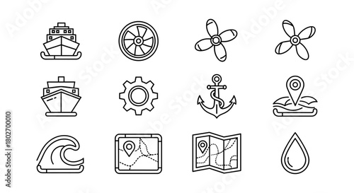 Maritime icons set featuring ships, maps, and nautical elements in linear style
