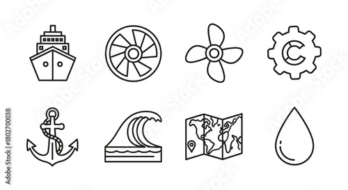 Nautical icons set: ship, fan, anchor, wave, map, propeller, gear, water drop