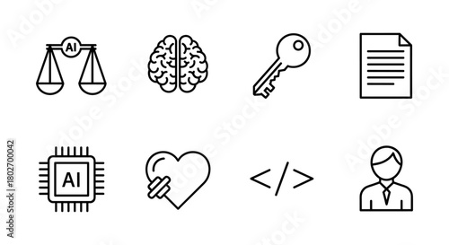 Simple line icons representing ai, brain, security, and technology concepts