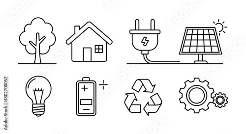 Eco-friendly icons: renewable energy and sustainability symbols in linear style