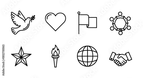 Peace and unity icons: dove, heart, and global symbols in linear design