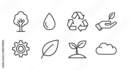 Minimalist eco icons set featuring nature, sustainability, and recycling symbols