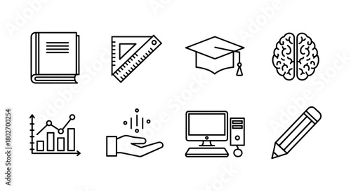 Education and learning icons: book, ruler, graduation cap, brain, chart, and more in linear style
