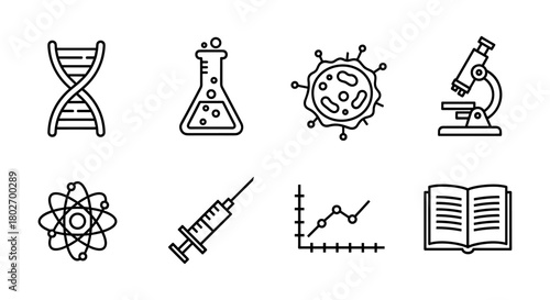 Science and research icons: microscope, dna, bacteria, flask, atom, and more in linear style