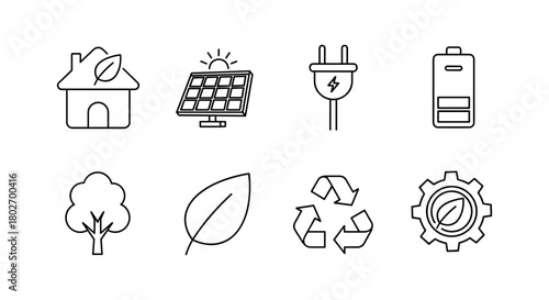 Minimalist eco-friendly energy icons set: solar, recycle, renewable concepts in line art