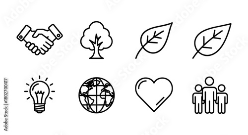 Minimalist icons of nature, sustainability, and unity in modern outline style