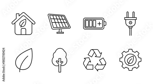 Sustainable energy icons in minimalist linear design