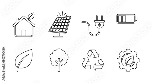 Sustainable energy icons: solar power, recycling, eco leaves, and electric symbols