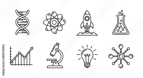Science and technology icons in linear style featuring dna, atom, and rocket