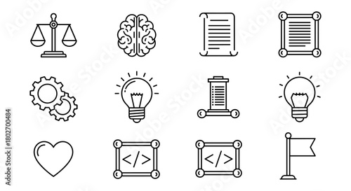 Linear law symbols and innovation icons set on white background