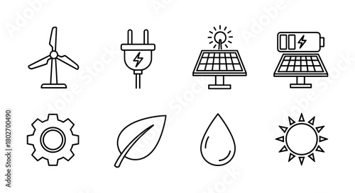 Renewable energy icons: wind, solar, and eco-friendly symbols in linear design