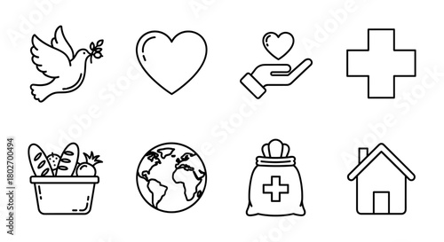 Minimalist charity icons: peace, love, health, and home symbols in black and white