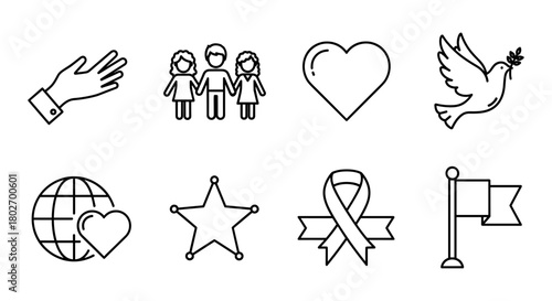 Linear outline icons: unity, peace, and compassion symbols for modern designs