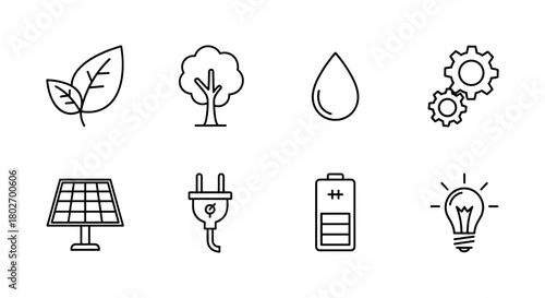 Minimalist icons of sustainability: energy, nature, and innovation concepts in simple line art