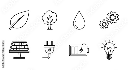 Renewable energy line art icons featuring solar, wind, and sustainable elements