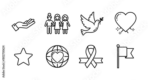 Minimalist line icons: peace, charity, unity, and awareness symbols