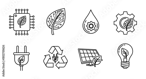 Linear eco technology icons: nature and innovation for sustainable solutions