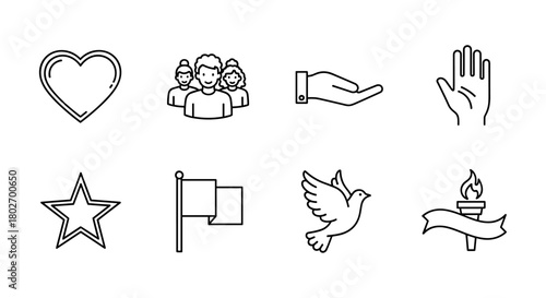 Minimalist icons of love, unity, and peace in linear design style