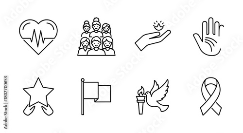 Outlined symbols of health, unity, peace, and hope in modern design