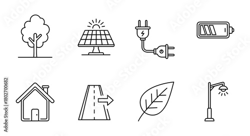 Minimalist eco-friendly icons featuring solar panels and energy elements in linear style