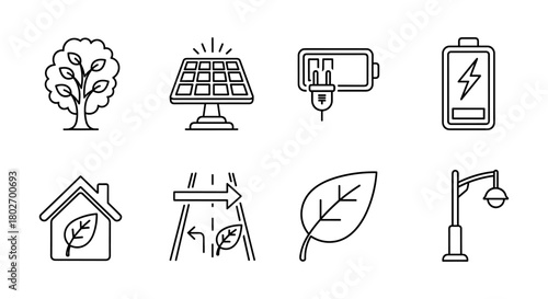 Eco-friendly energy icons: solar panels, battery charging, green living elements in line art
