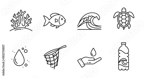 Minimalist ocean conservation icons: marine life protection and pollution awareness