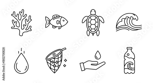 Ocean conservation icons: marine life protection and clean water