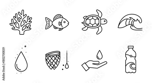 Ocean awareness icons: marine life, conservation, and sustainability symbols in minimalist style