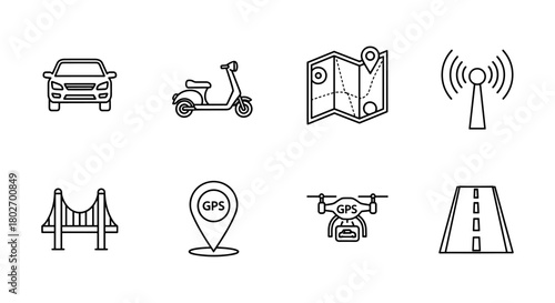 Linear icons of transportation and navigation elements in black and white