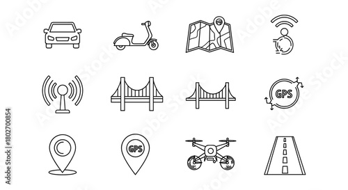 Transport and navigation icon set: modern outline designs for maps and gps