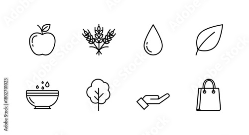 Minimalist line icons set featuring nature, food, and eco-friendly elements