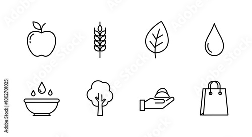 Minimalist line icons of nature, food, and sustainability themes