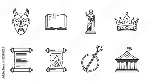 Mythology and ancient symbols: linear icons of cultural artifacts and figures