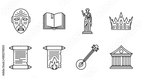 Linear ancient symbols: mask, book, statue, crown, scrolls, lyre, temple