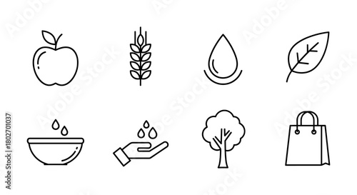 Minimalistic organic line icons for healthy living and sustainability concepts