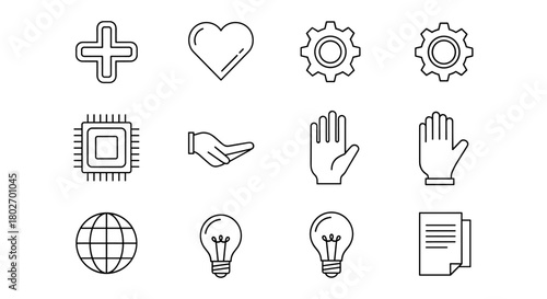 Minimalist outline icons set featuring hand, heart, gear, globe, chip, bulb, and document designs