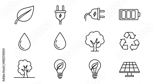 Eco-friendly icons set featuring renewable energy and sustainability symbols in linear design