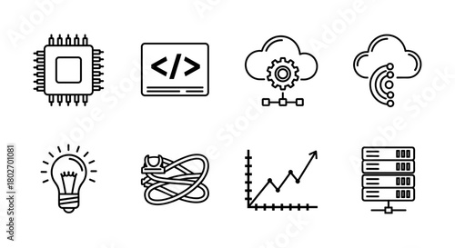 Tech icons: circuit board, coding, cloud, innovation, networking, analytics, data storage