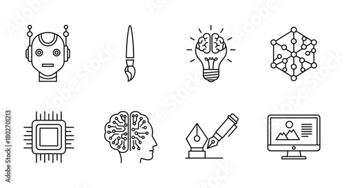 Technology and creativity icon set featuring ai, design tools, and innovation elements