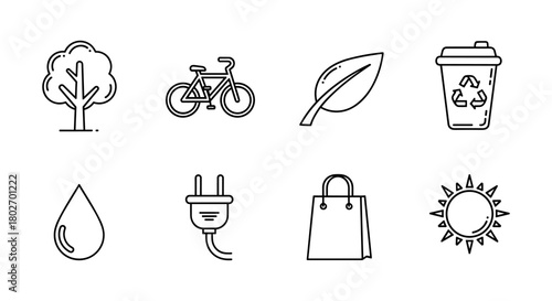Minimalist eco symbols: tree, bicycle, leaf, recycle, water, plug, bag, sun