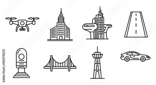 Urban and transport line icons set featuring drone, buildings, and vehicles
