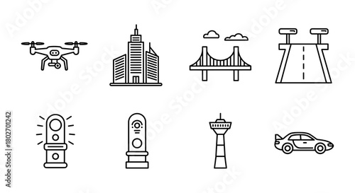 Urban line art: drones, skyscrapers, and city infrastructure icons