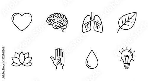 Minimalist health and wellness icons with heart, brain, and nature elements