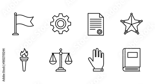Outline icons set featuring gear, flag, document, star, torch, scales, hand, and book for business and legal themes