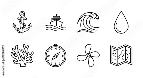 Minimalistic nautical icons set featuring anchor, ship, wave, and more maritime symbols