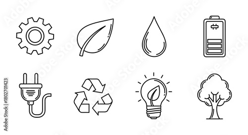 Eco-friendly line icons of sustainability and renewable energy concepts