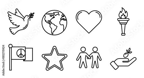 Peace and unity icons: dove, earth, heart, torch, flag, star, friendship, hand with olive branch in linear style